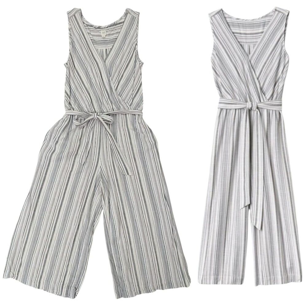 GAP Jumpsuit Womens Medium White Striped Cropped Tie Front V-Neck Beachy Coastal